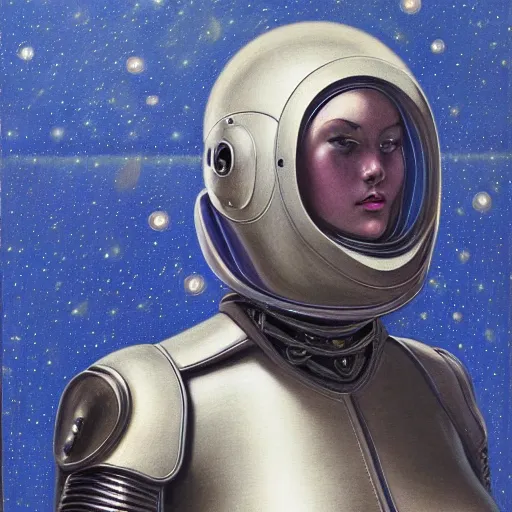 Image similar to portrait of beautiful gothic and futuristic woman, space armour, cyber armour, highly detailed, artstation, illustration, composition, 8 k quality, art by jean delville, rene magritte, hyperrealism oil painting