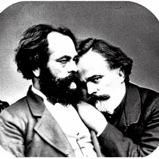 Image similar to Karl Marx and Nietzsche hugging, bedroom background, photo, 1920, romantic