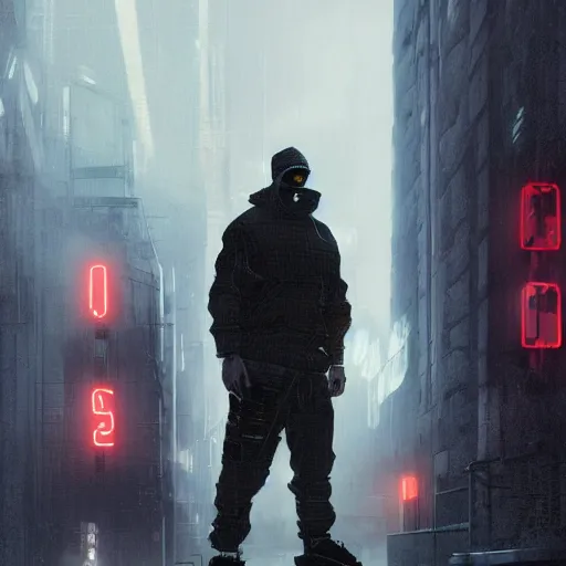 Image similar to A broad shouldered, large man in a techwear outfit, Acronym P31-ds pants, high quality, digital art, dire cyberpunk city, gray sky, neon signs in background, greg rutkowski