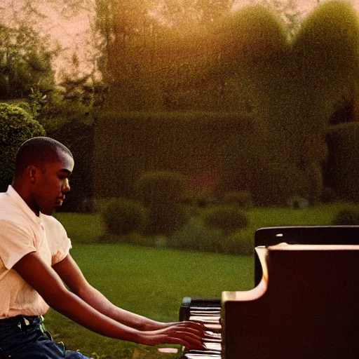 Prompt: Frank Ocean playing the piano in the middle of a garden by Wes Anderson, vintage camera, dreamy, atmospheric, golden hour, cinematic lighting, 8K concept art, melancholy