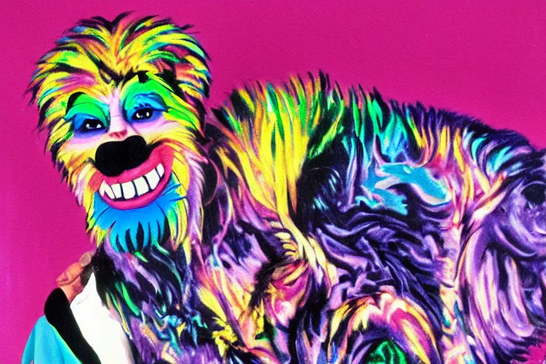 Image similar to lisa frank painting of willem dafoe at showbiz pizza 1 9 8 9