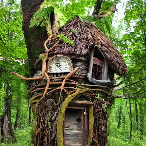 Prompt: Baba Yaga’s house with tree root tendrils coming out from the bottom, lifting it high in the air