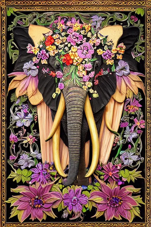 Prompt: Painted dark-wood panel relief carving of a Flowerpunk Matriarch Elephant, ornate border frame, explosion of colorful flowers, dark wood, intricately carved, black ink, festival of rich colors, intricate details, cinematic lighting, volumetric lighting, post-processing, art nouveau, by andreas rocha and john howe, and Martin Johnson Heade, featured on artstation, featured on behance, golden ratio, hyper detailed, photorealistic, epic composition, center spotlight, f32, well composed, UE5, 8k