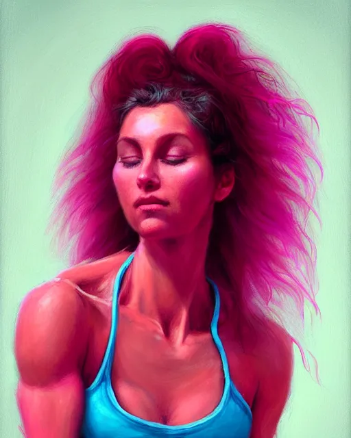 Prompt: female yoga instructor, perfect face, 1 9 8 0 s hairsprayed hair, hot pink halter top, flowing hair, fit, cinematic, blush, stunning, agile, highly detailed, digital painting, artstation, smooth, hard focus, illustration, art by jessica rossier and and brian froud