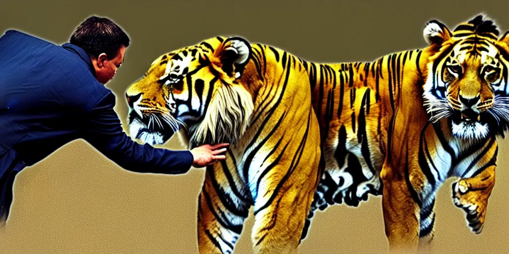 Prompt: a man with a lion, a tiger approaches