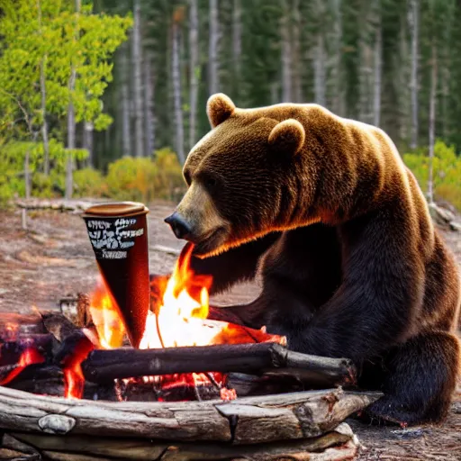 Prompt: a candid photo of a bear holding a cup, drinking a coffee, by the campfire, 4 k