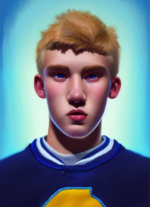 Image similar to portrait of high school senior boy named big moose, blonde short hair, jock, beefy, wide face, square jaw, square facial structure, blue varsity jacket with letter r, intricate, elegant, glowing lights, highly detailed, digital painting, artstation, concept art, sharp focus, illustration, art by wlop, mars ravelo and greg rutkowski