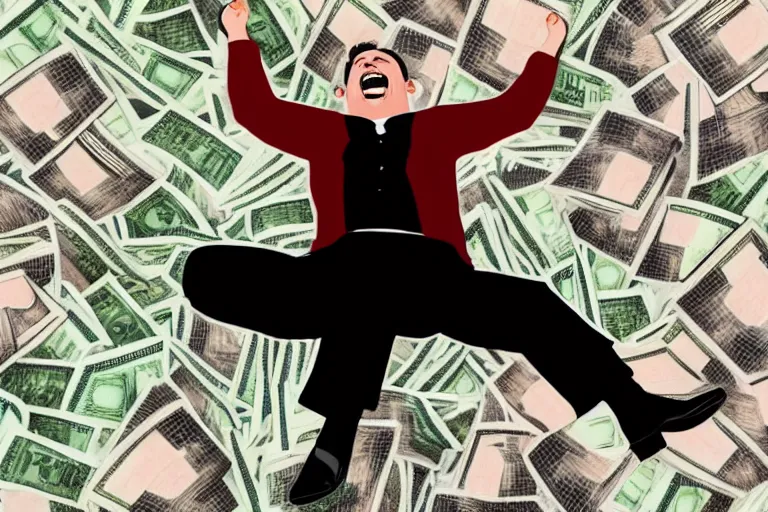 Image similar to a very small adult man sitting, laughing on a large pile of money, in the style of alex ross