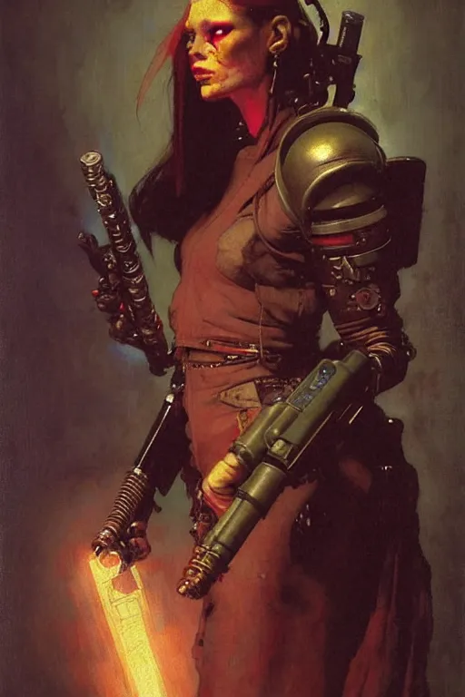 Image similar to full character portrait max mad cyberpunk warhammer 4 0 k, medic sapper not the girl with the pearl earring character design, painting by gaston bussiere, katsuya terada, nc wyeth, greg rutkowski, craig mullins, vermeer, frank frazetta, mucha, tom of finland, trending on artstation, jeffery catherine jones