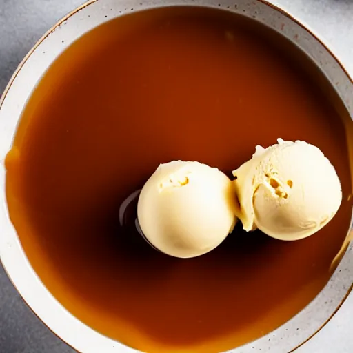 Image similar to closeup of a bowl with three balls of plain vanilla ice cream. with small amounts of caramel sauce on top. Simplistic. Food photography.