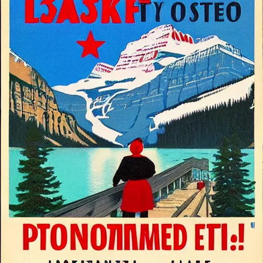 Prompt: soviet style propaganda convincing people to stay at Lake Louise in Banff National park,