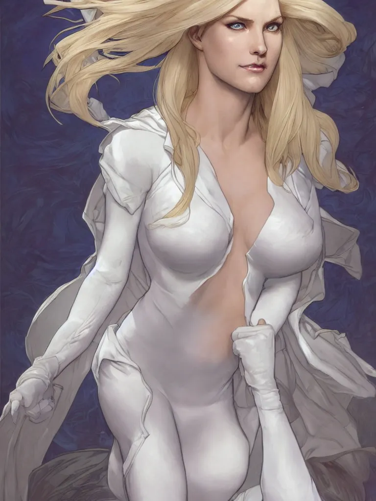 Image similar to portrait of emma frost, a beautiful woman in her 3 0 s with white blonde hair and blue eyes, dressed in a fashionable white suit, detailed face, delicate features, smooth, sharp focus, graphic novel, art by artgerm and greg rutkowski and alphonse mucha,