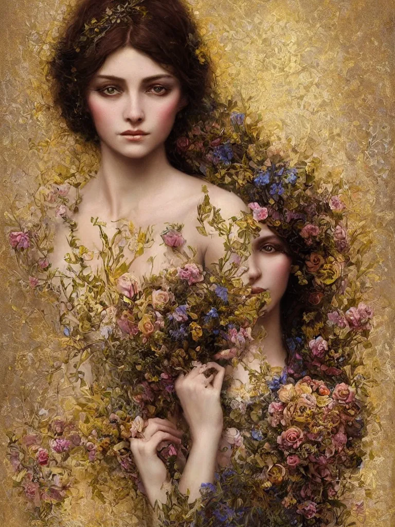 Image similar to a digital painting of a young beautiful woman, many flowers, dark pastel color scheme, intricate jugendstil background, gold filigree, by karol bak, by emil melmoth, by Daniel Gerhartz, trending on artstation