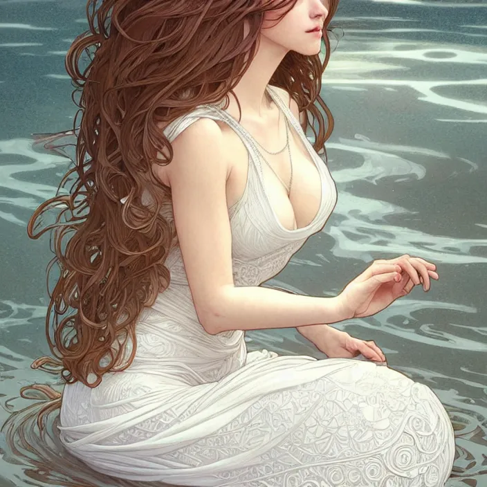 Image similar to long shot, woman posing, short wavy hair, round face, intricate white dress, cottagecore!!, inside water, intricate, enlightened, highly detailed, digital painting, artstation, concept art, smooth, sharp focus, illustration, art by artgerm and greg rutkowski and alphonse mucha