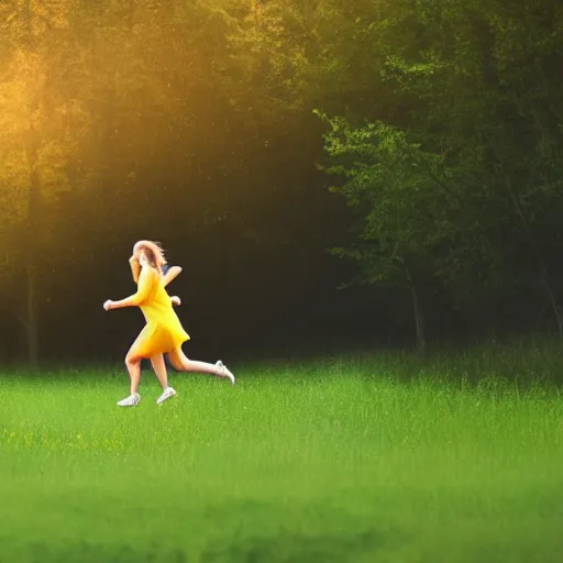 Image similar to a woman running sideways at night in a yellow dress in the center of the frame, dark hair, Slavic barn, bushes and trees in the background, realistic photo, 4K, 35 mm