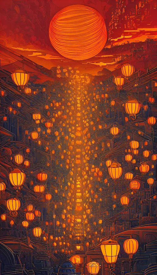 Prompt: The land of luminous lanterns, italian futurism, Dan Mumford, da vinci, Josan Gonzalez