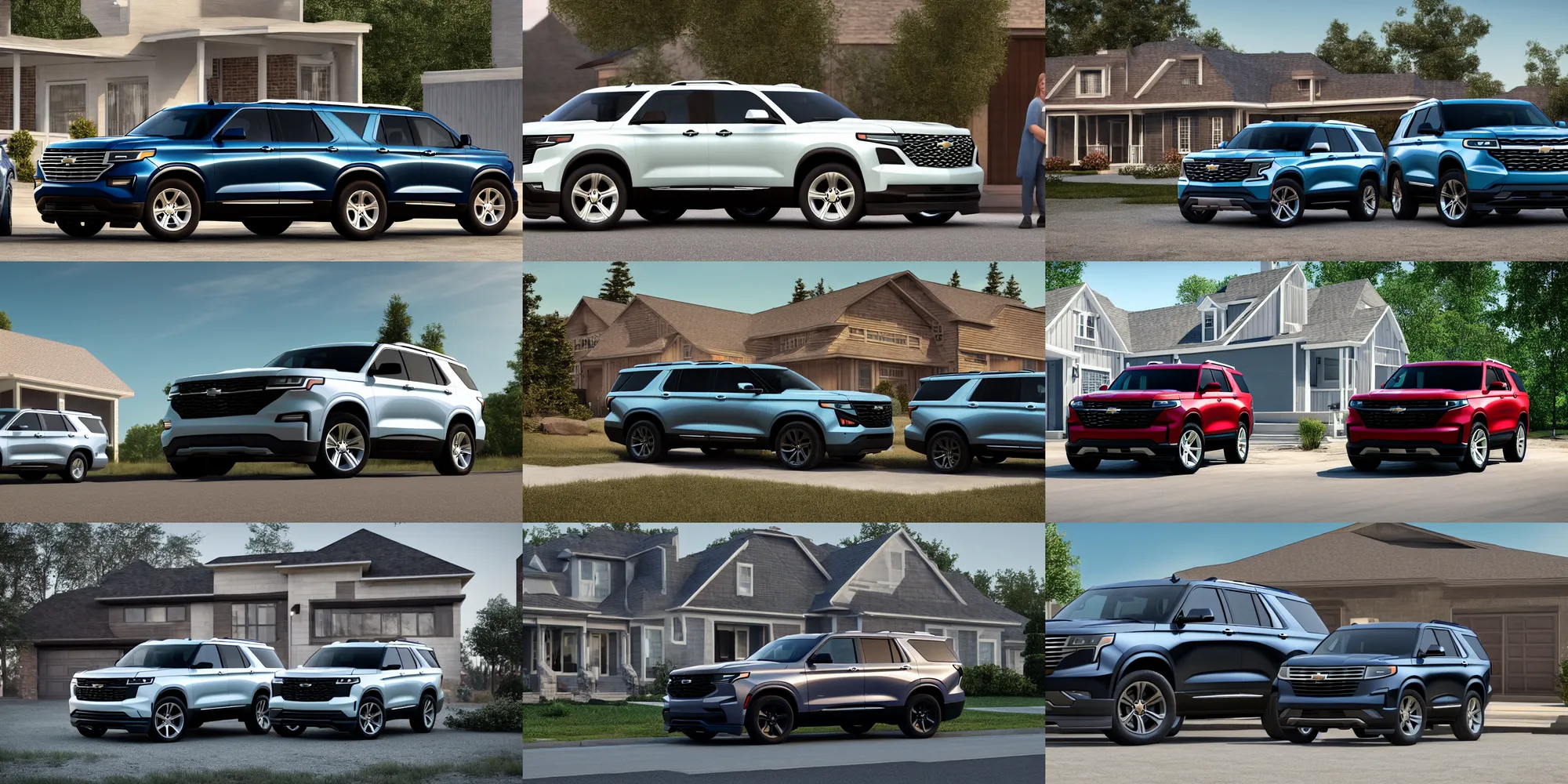 Image similar to an suv inspired by a 2 0 2 2 chevrolet tahoe and 2 0 2 2 ford explorer parked in front of a house, a digital rendering by the family circus, trending on cg society, regionalism, ue 5, rendered in unreal engine, ultrafine detail