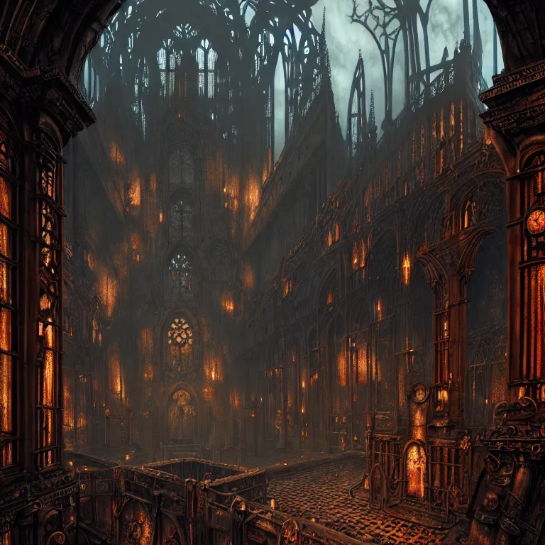 Prompt: steam necropolis, memento mori, gothic, neo - gothic, art nouveau, hyperdetailed copper patina medieval icon, stefan morrell, philippe druillet, ralph mcquarrie, concept art, steampunk, unreal engine, detailed intricate environment, octane render, moody atmospherics, volumetric lighting, ultrasharp, ominous, otherworldly