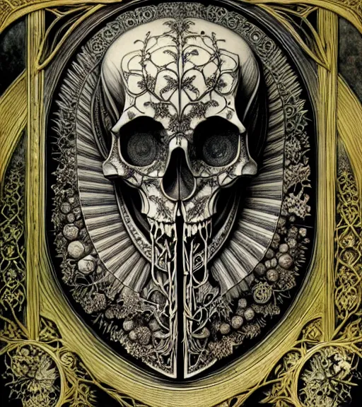 Image similar to art forms of nature by ernst haeckel, memento mori by arthur rackham, ornate antique porcelain beautiful skull mask, ultrasharp, photorealistic, hyperdetailed, octane render, polished, art nouveau, neo - gothic, gothic, intricate ornamental organic filigree, art nouveau botanicals, art forms of nature by ernst haeckel, horizontal symmetry, symbolist, visionary