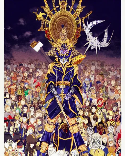 Prompt: The masked emperor giving a speech to a very large crowd of people. He has very ornate clothing and a mask || VERY VERY ANIME!!!, realistic shaded fine details. Anime. realistic shaded lighting poster by katsuhiro otomo, ghost-in-the-shell, ayami kojima