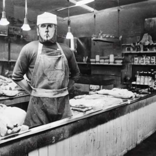 Image similar to big butcher man posing scarily, earie setting, in a butcher shop, horror, hyperdetailed