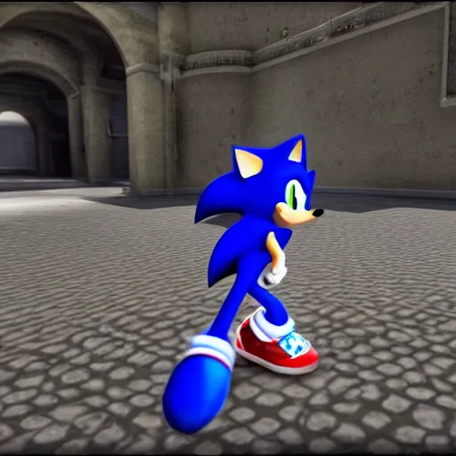 Image similar to still of sonic the hedgehog in the map de_dust 2, counter-strike screenshot, 4k, photorealistic, hd, first person pov