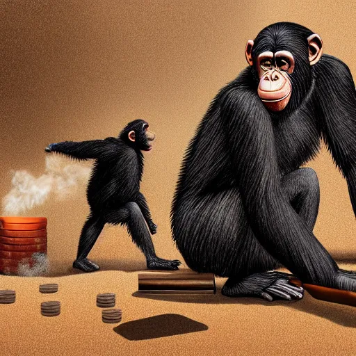 Image similar to a chimpanzee picking up pennies in a street while a steamroller is headed towards him, dramatic lighting, highly detailed digital painting