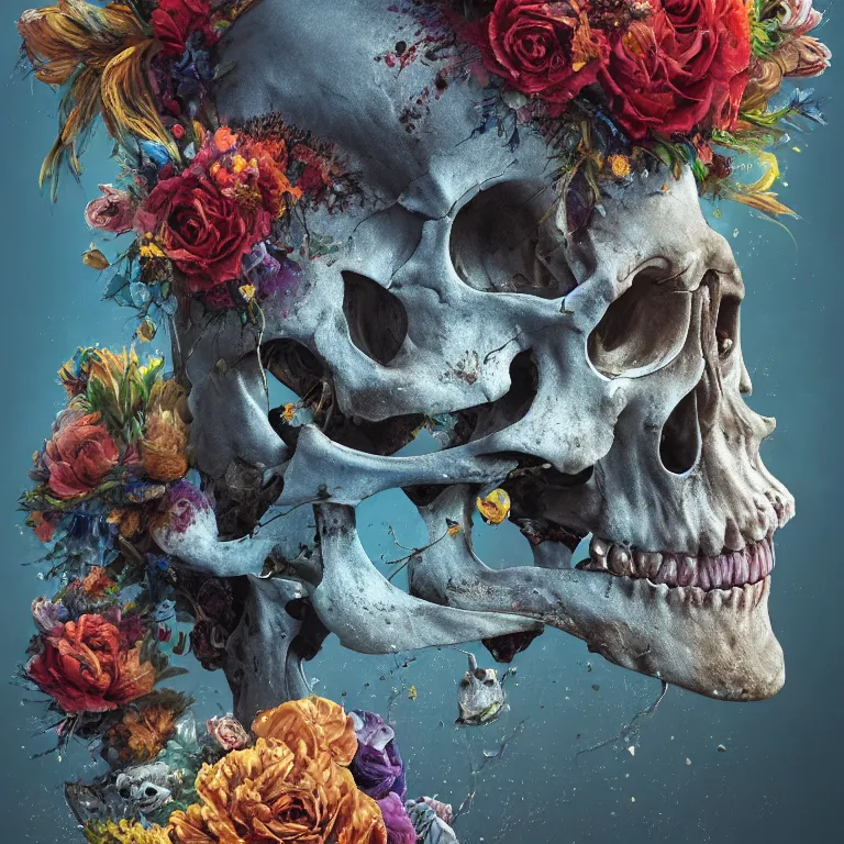 Image similar to A beautiful oil painting hyperrealism of a decayed head, rotting clay skin, skull bones, flowers, floral headdress, 8k resolution, octane render, Trending on artstation, by Gediminas Pranckevicius, volumetric light 2blue fractal Thunder glow by dan mumford, anaglyph effect, Laurie Lipton