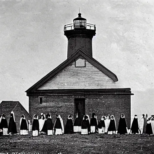 Image similar to worshippers dressed in robes belonging to the cult of the lighthouse. Dilapidated 1800s lighthouse. 1800s photo.