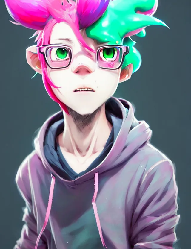 Image similar to a beautiful headshot portrait of a cute anime splatoon male boy with pink hair and pink wolf ears wearing a hoodie. piercings. green eyes. character design by cory loftis, fenghua zhong, ryohei hase, ismail inceoglu and ruan jia. artstation, volumetric light, detailed, photorealistic, fantasy, rendered in octane