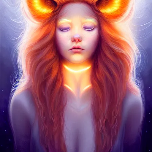 Image similar to Portrait of a girl angel with pale orange colored frizzy strands of illuminated hair, cat ears on her head, glowing halo, Lion's Mane, Lion's Gate, fantasy, intricate, elegant, highly detailed, digital painting, artstation, concept art, smooth, sharp focus, illustration, art by Krenz Cushart and Artem Demura and alphonse mucha