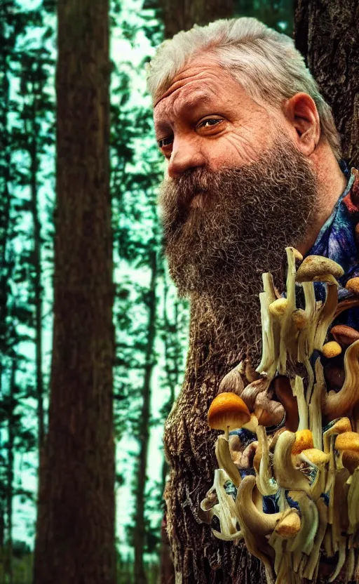 Image similar to realistic colorful photo portrait of a sad old man with mushrooms growing on his beard, perfectly symmetrical, illuminated forest in the background, full light, ultra rendered, extreme realism, 8 k, photorealistic,