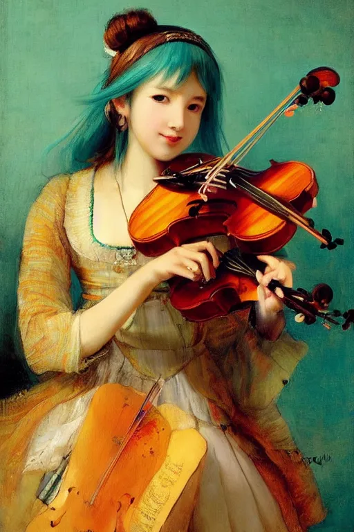 Prompt: hatsune miku playing violin by rembrandt and konstantin razumov, psychedelic, vibrant colors, correct anatomy