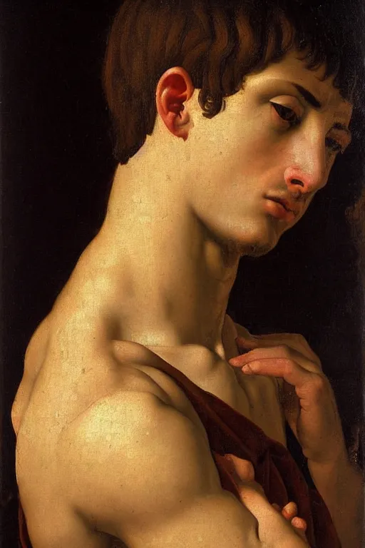 Prompt: renaissance painting of young man, monk haircut, pleading face, tears dripping from the eyes, emotions closeup, dressed in roman armour, the beautiful garden, ultra detailed, art by Guido Reni style, Vincenzo Catena style