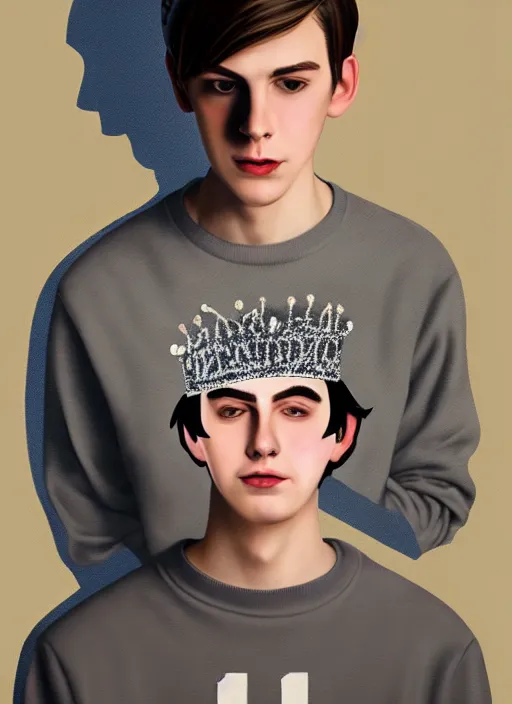 Image similar to portrait of teenage jughead jones wearing a light grey crown, photorealistic, crown, sweater with letter s on it, hamburger, eyes closed, crown, black hair, intricate, elegant, glowing lights, highly detailed, digital painting, artstation, concept art, smooth, sharp focus, illustration, art by wlop, mars ravelo and greg rutkowski