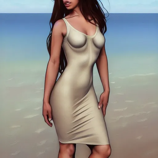 Prompt: full body portrait of addison rae wearing a skintight dress in a beach, intricate, elegant, highly detailed, digital painting, artstation, smooth, sharp focus, illustration, art by artgerm and greg rutkowski and alphonse mucha, 8 k