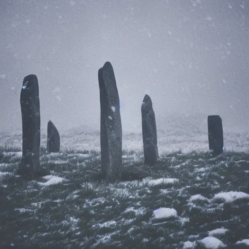 Prompt: '50 cats playing, neolithic standing stones, a haunting snow storm, fog, atmosphere, brooding clouds'