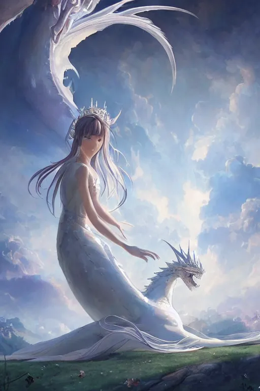 Prompt: beautiful scene render that a princess rely on a huge silver white dragon back, finely detailed angelic face delicate features, in the fairyland surrounded by white clouds, perfectly shaded, atmospheric lighting, style of makoto shinkai and peter mohrbacher, studio ghibli. artgerm, karol bak, beeple, animation style, 4 k hd, hyper detailed