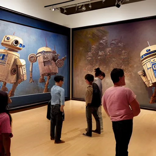 Prompt: wide - shot photo of museum visitors looking at paintings of droids by shaun tan, at the sitting couch, codachrome, 8 k, hd, highly detailed,