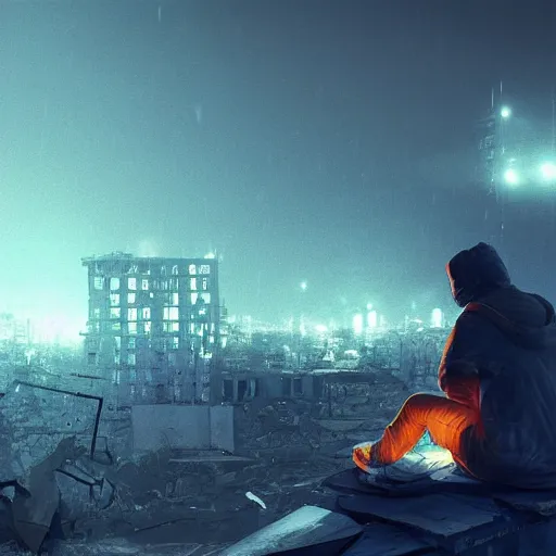 Prompt: the last human sitting in a destroyed city at night, the only light source comes from his smartphone in his hands, the smartphone light is blue, the human is in the style of Irakli Nadar on ArtStation and the city is in the style of Aleksey Pollack on ArtStation, 4k,