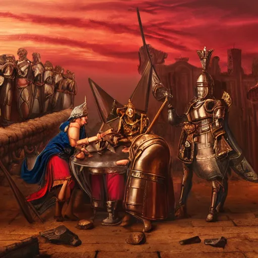 Image similar to julius caesar, wearing medieval knight armours, and queen victoria, wearing an ottoman crown, arm wrestling on the depths of hell, with satan watching over them riding a vulture. cyberpunk style architectures in the background, dawn, cloudy red sky. photograph, hyper realistic,