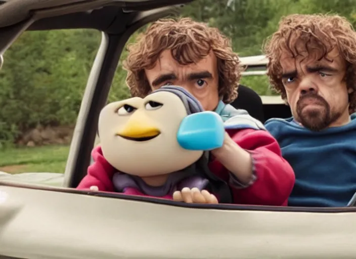 Image similar to peter dinklage and buert reynolds driving a little tikes cozy coupe, movie still, from the new smokey and the bandit movie, 8 k, realistic