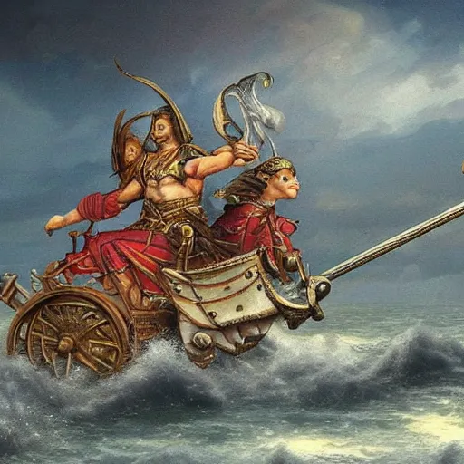 Prompt: the sword dragnipur, which contains a wagon fleeing from the sea of chaos, fantasy art