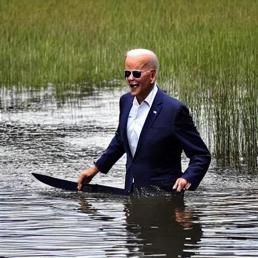 Prompt: joe biden rising out of swamp water with a knife in his teeth