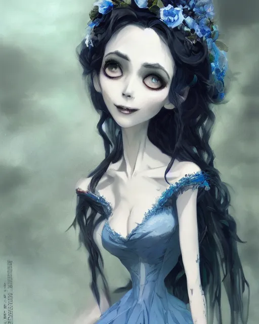 Image similar to still film, elegant mysterious gracious undead victoria everglot from the corpse bride if made by krenz cushart and wenjun lin, portrait, illustration, rim light, top light, summer clear blue sky, perfectly shaded, soft painting, epic, intricate, art