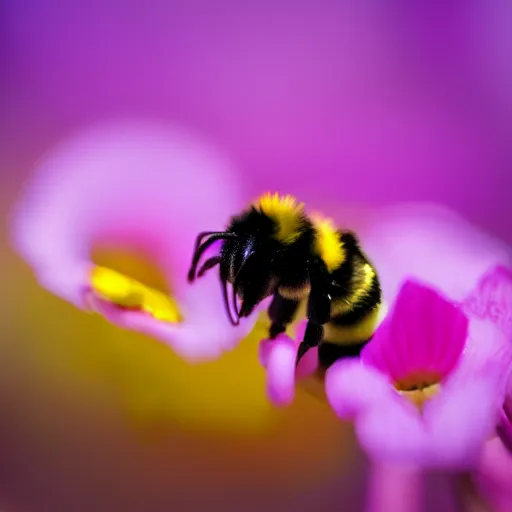 Image similar to surreal composite bumble bee made of flowers, pedicel legs, flower petal wings, siting on a finger, 5 0 mm lens, f 1. 4, sharp focus, ethereal, emotionally evoking, head in focus, volumetric lighting, blur dreamy outdoor