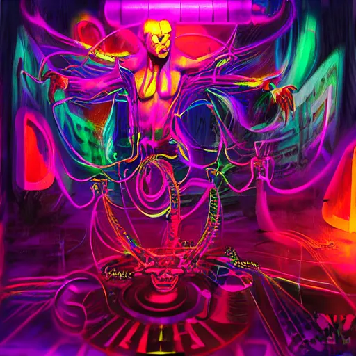 Image similar to psychedelic cyberpunk demon painting, rocking out, wearing headphones, huge speakers, dancing, rave, DJ, spinning records, digital art, amazing composition, rule-of-thirds, award-winning, trending on artstation, featured on deviantart