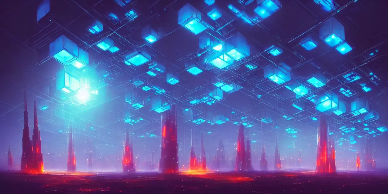 Image similar to a fleet of giant glowing futuristic cubes tied to each other with lots of glowing chains in the sky, thick glowing chains, light rays bouncing between cubes, a fantasy magical cyberpunk landscape seen in the distance, atmospheric lighting, intricate, volumetric lighting, beautiful, sharp focus, ultra detailed, in the art style of marc simonetti and lee madgwick, astrophotography