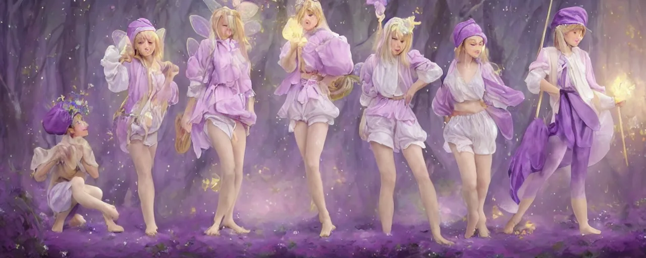 Image similar to Full View of mysterious fairy maidens with short blond hair wearing an oversized purple Beret, Baggy Purple overall shorts, Short Puffy pants made of silk, silk shoes, a big billowy scarf, Golden Ribbons, white leggings Covered in stars. Short Hair. peasant magic. masterpiece 4k digital illustration by Ruan Jia and Mandy Jurgens and Artgerm and greg rutkowski , award winning, Artstation, art nouveau aesthetic, Alphonse Mucha background, intricate details, realistic, panoramic view, Hyperdetailed, 8k resolution, intricate art nouveau, smooth, sharp focus. Rhythmic gymnastics poses