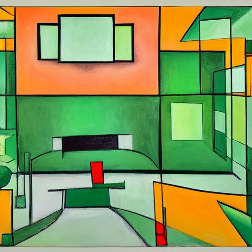 Prompt: a large room with a green lawn in the middle of it, a cubist painting by gilberto soren zaragoza, cg society, modernism, symmetrical, cubism, windows vista